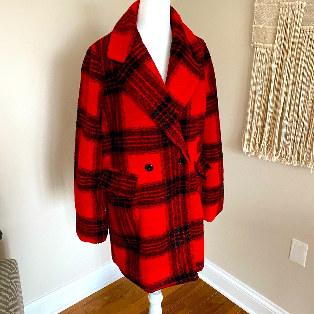 Stylish red and black pea coat.